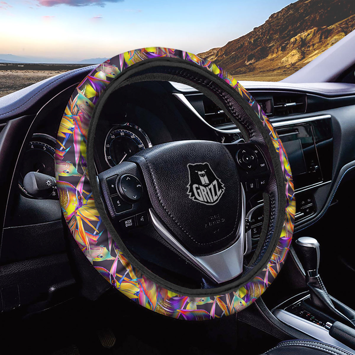 Strelitzia and Fish Tropical Exotic Print Pattern Car Steering Wheel Cover-grizzshop