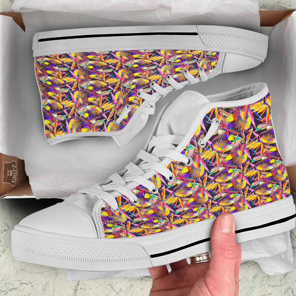 Strelitzia and Fish Tropical Exotic Print Pattern White High Top Shoes-grizzshop