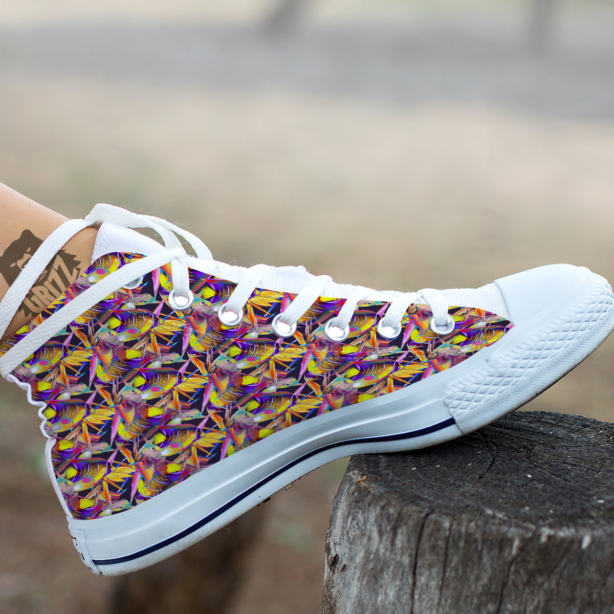 Strelitzia and Fish Tropical Exotic Print Pattern White High Top Shoes-grizzshop