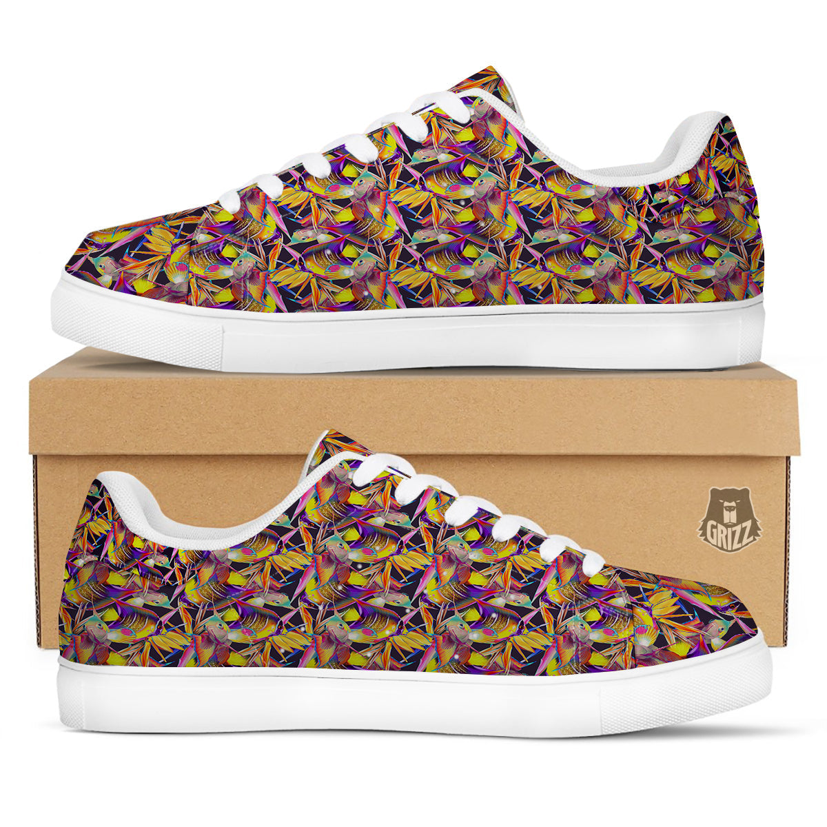 Strelitzia and Fish Tropical Exotic Print Pattern White Low Top Sneakers-grizzshop