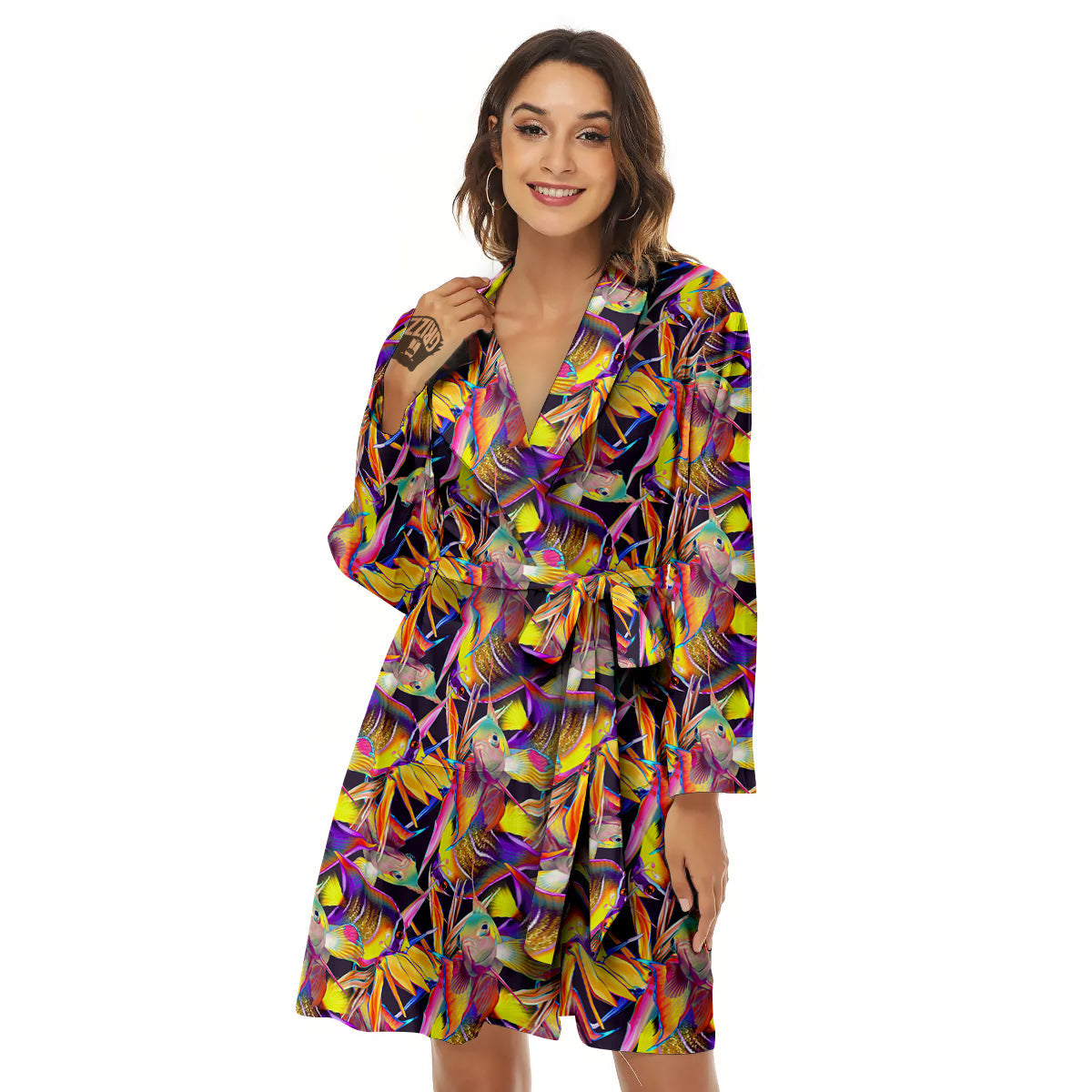 Strelitzia and Fish Tropical Exotic Print Pattern Women's Robe-grizzshop