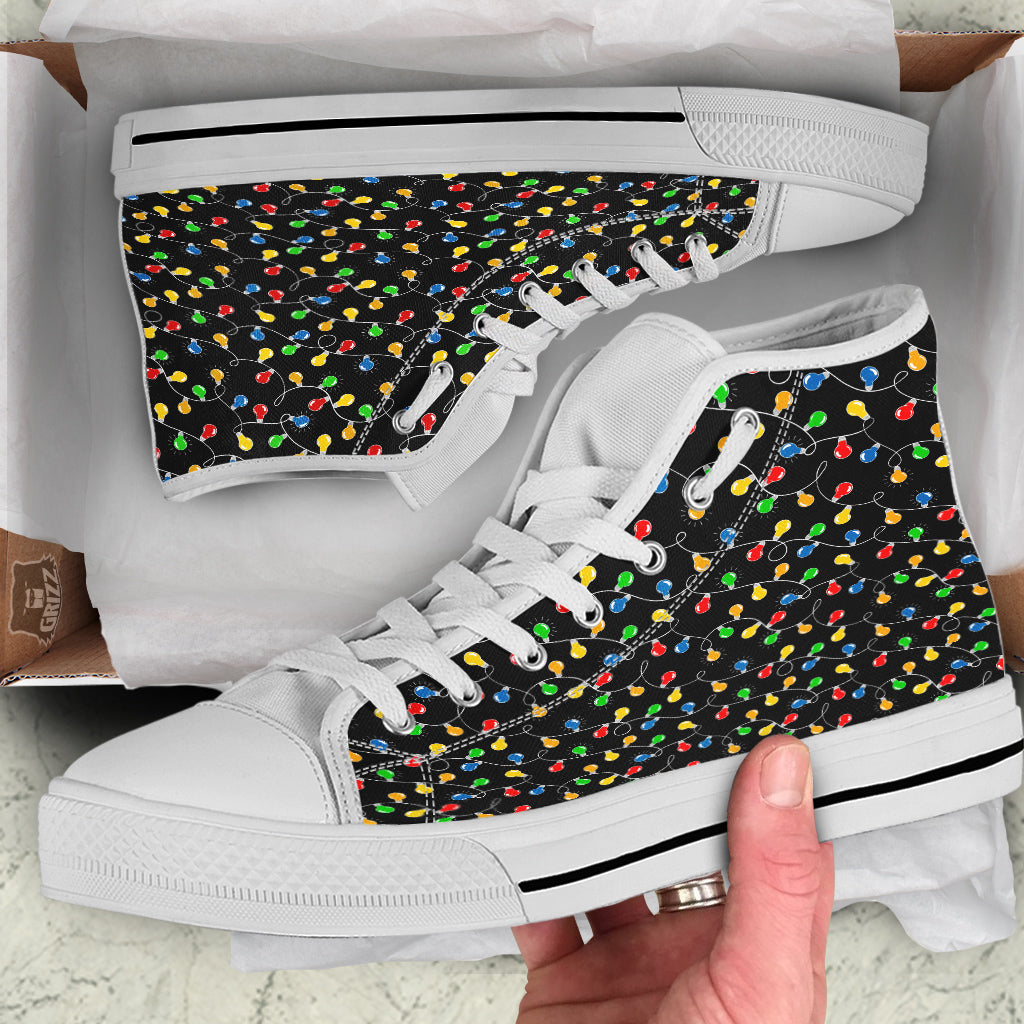 String Lights Colorful Christmas Print White High Top Shoes-grizzshop