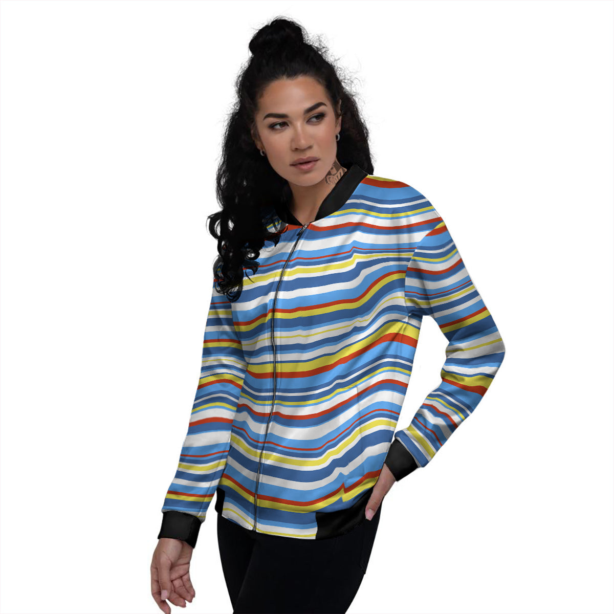 Stripe Autism Awareness Color Print Pattern Women's Bomber Jacket-grizzshop