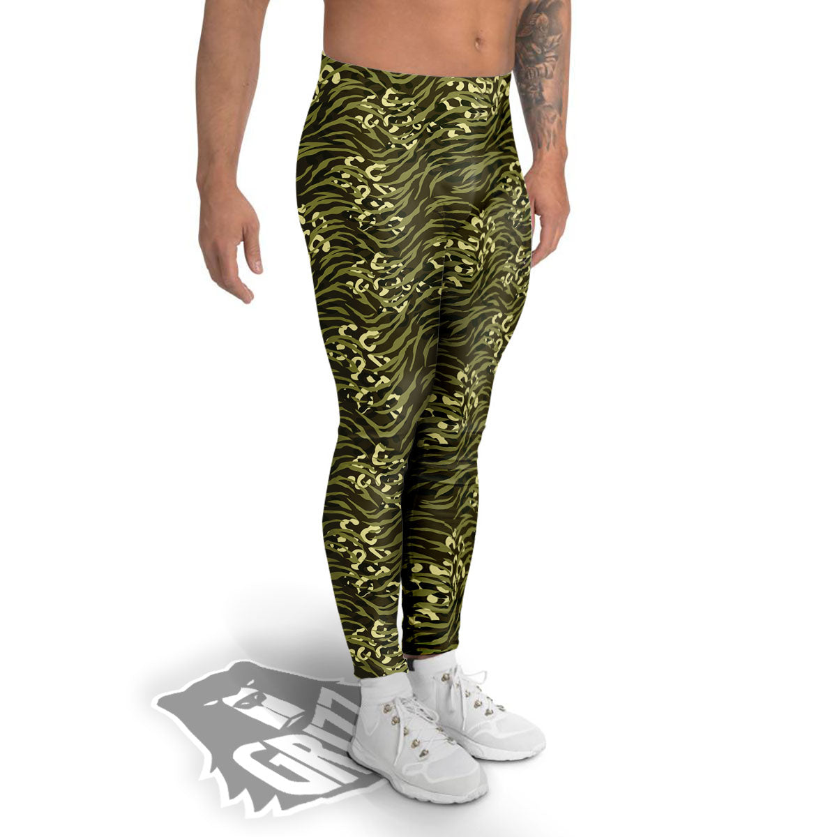 Stripe Camouflage Green Tiger Print Men's Leggings-grizzshop