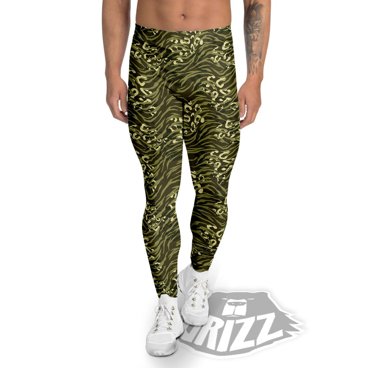 Stripe Camouflage Green Tiger Print Men's Leggings-grizzshop