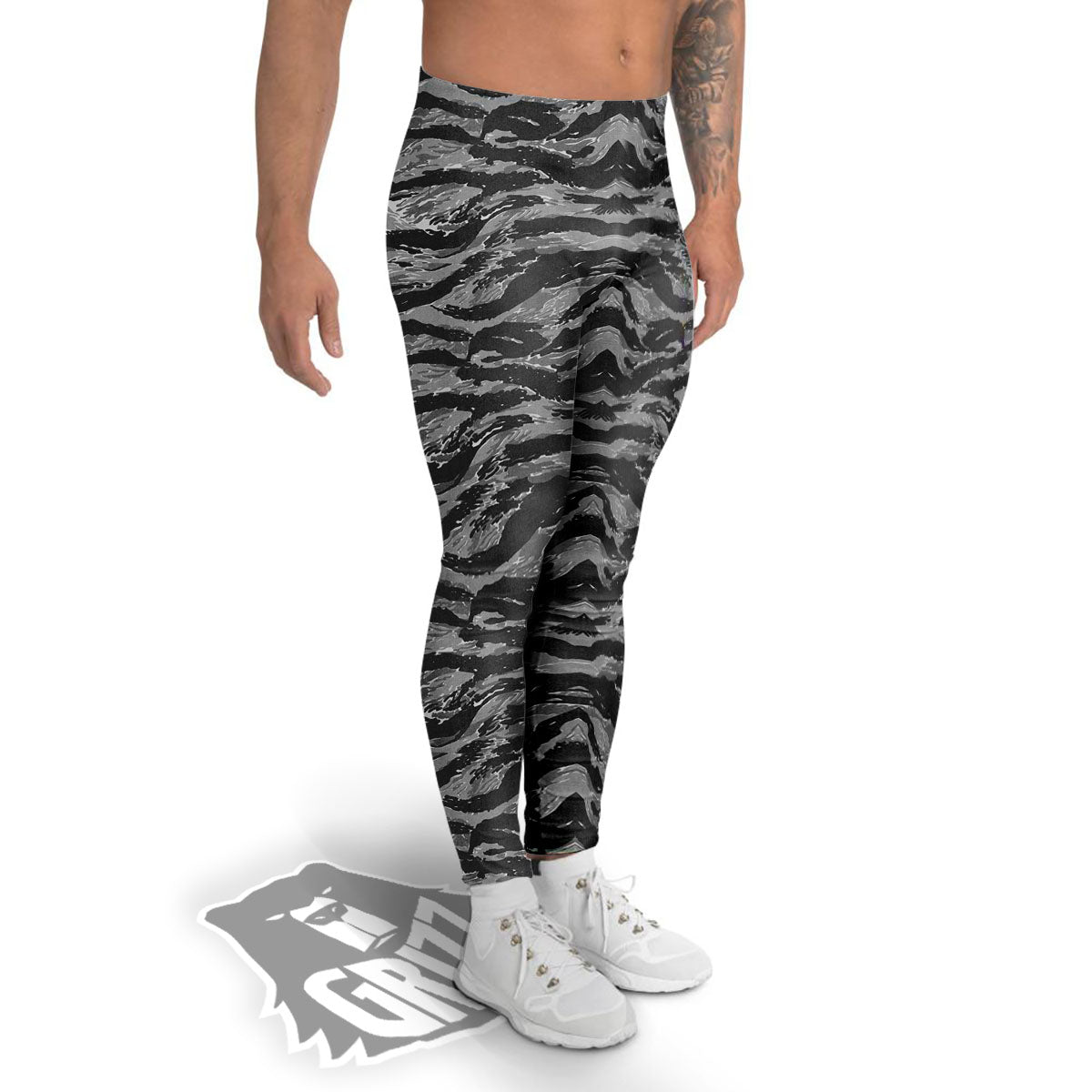 Stripe Camouflage Grey Tiger Print Men's Leggings-grizzshop