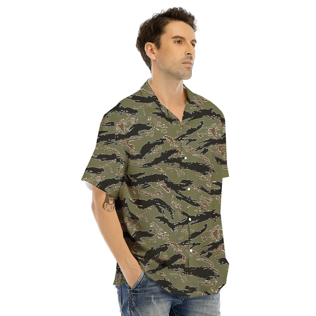 Stripe Camouflage Military Tiger Print Men's Hawaiian Shirt-grizzshop