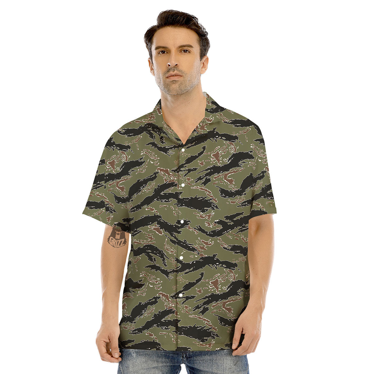 Stripe Camouflage Military Tiger Print Men's Hawaiian Shirt-grizzshop