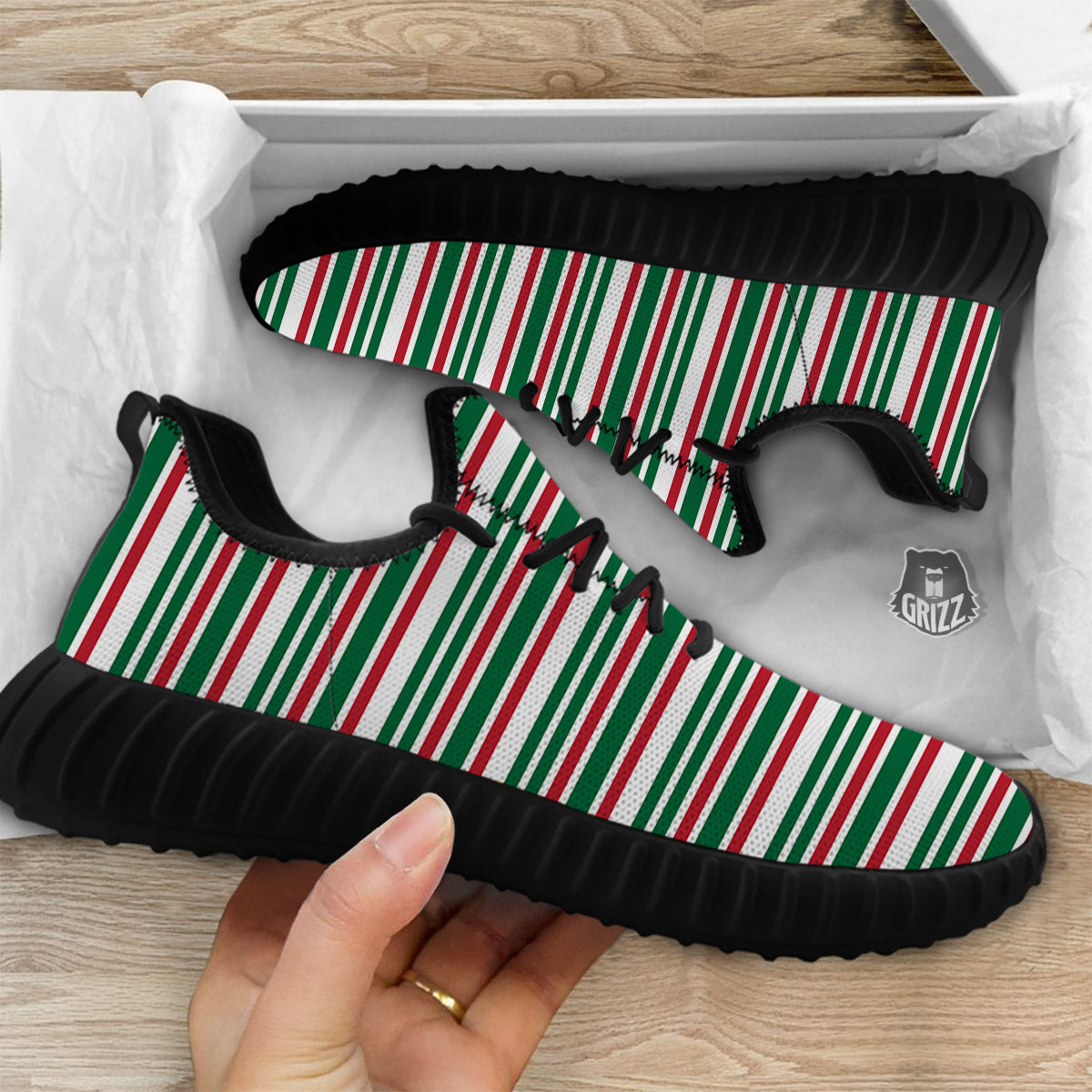 Stripe Candy Cane Print Pattern Black Walking Shoes-grizzshop