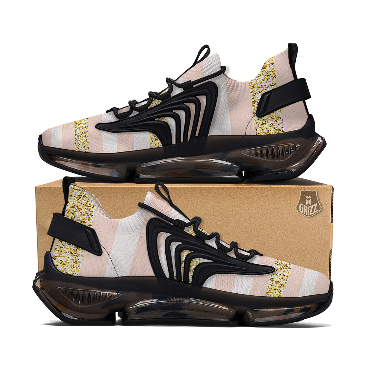 Stripe Glitter Gold Print Pattern Black Gym Shoes-grizzshop