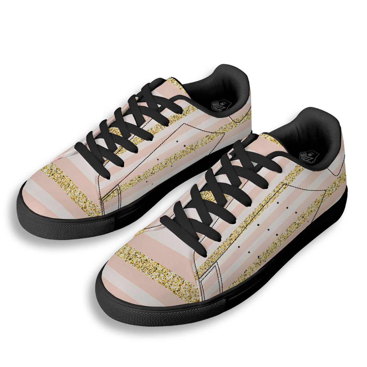 Stripe Glitter Gold Print Pattern Black Low Top Sneakers-grizzshop