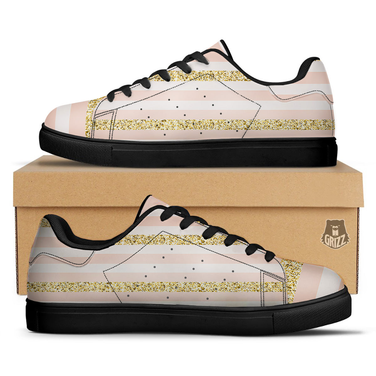 Stripe Glitter Gold Print Pattern Black Low Top Sneakers-grizzshop