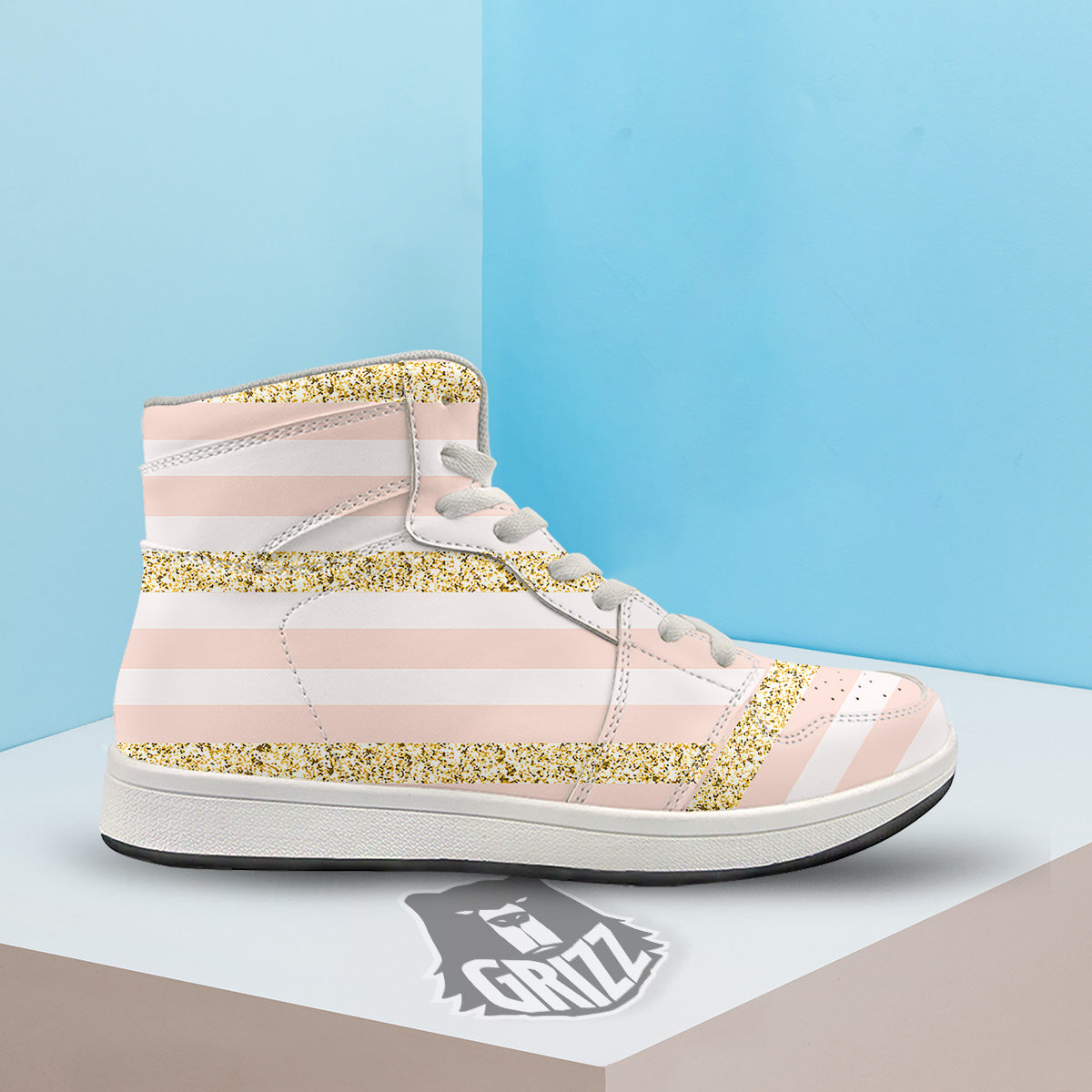 Stripe Glitter Gold Print Pattern High Top Sneakers-grizzshop