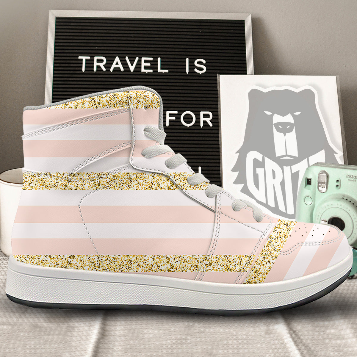 Stripe Glitter Gold Print Pattern High Top Sneakers-grizzshop