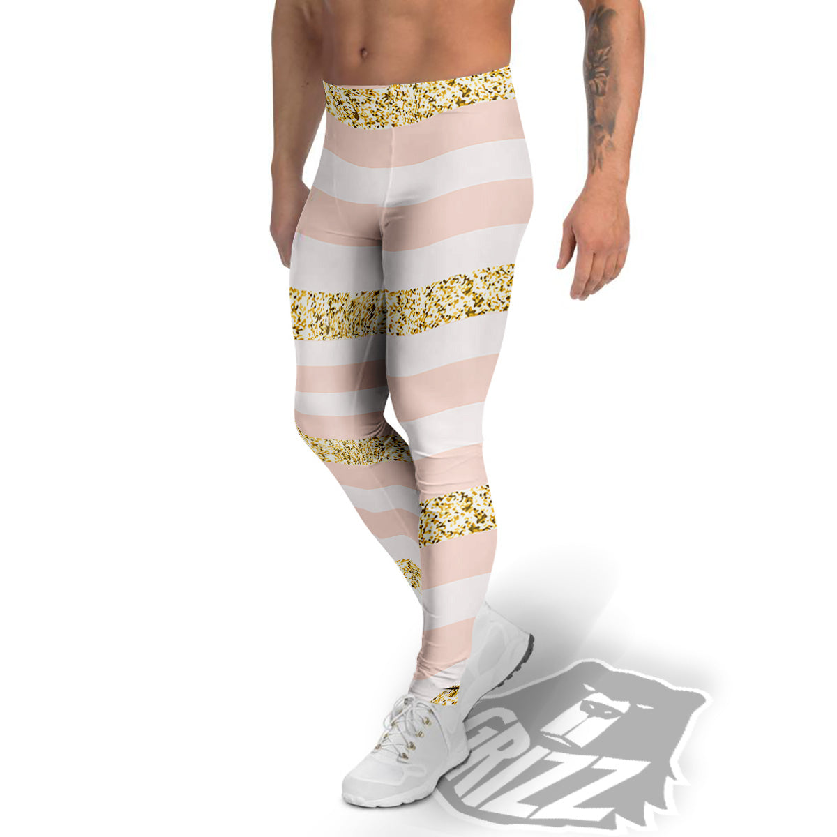 Stripe Glitter Gold Print Pattern Men's Leggings-grizzshop