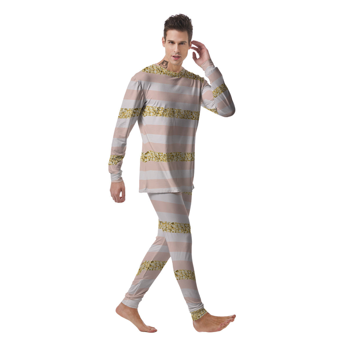 Stripe Glitter Gold Print Pattern Men's Pajamas-grizzshop