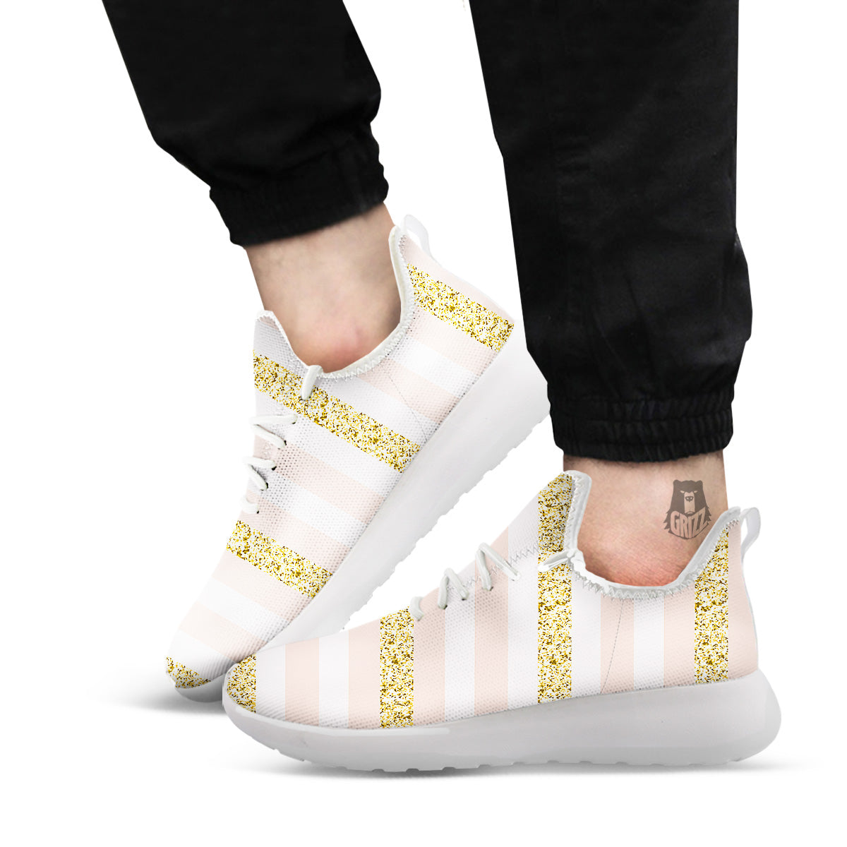 Stripe Glitter Gold Print Pattern White Athletic Shoes-grizzshop