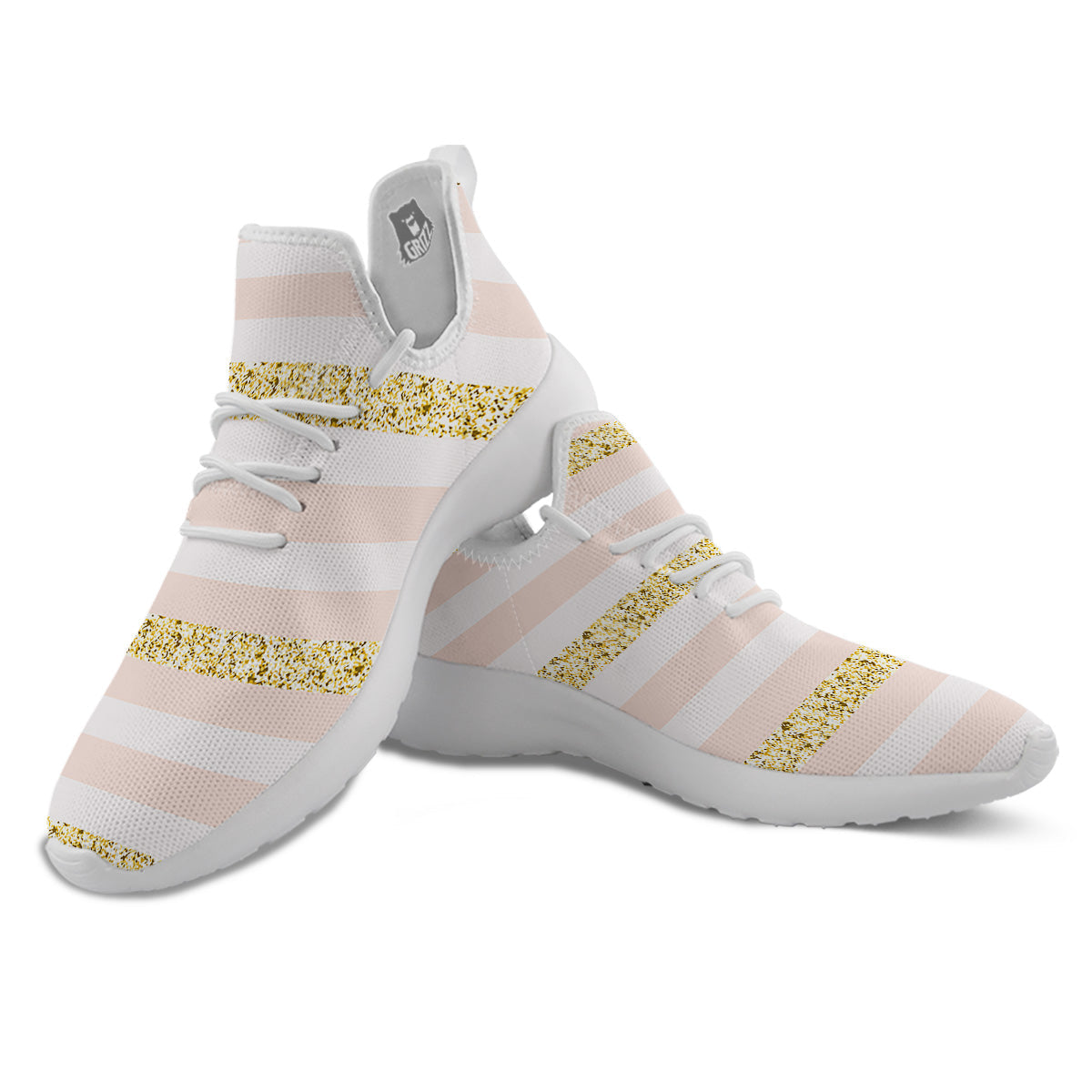 Stripe Glitter Gold Print Pattern White Athletic Shoes-grizzshop