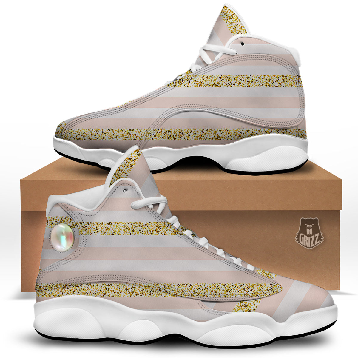 Stripe Glitter Gold Print Pattern White Basketball Shoes-grizzshop