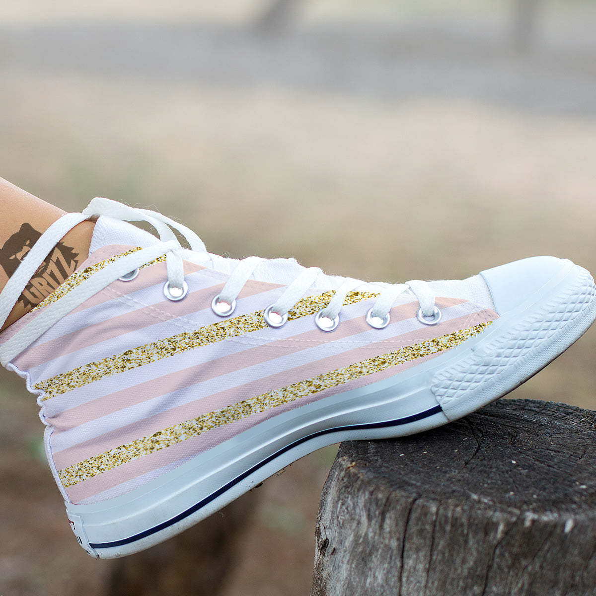 Stripe Glitter Gold Print Pattern White High Top Shoes-grizzshop