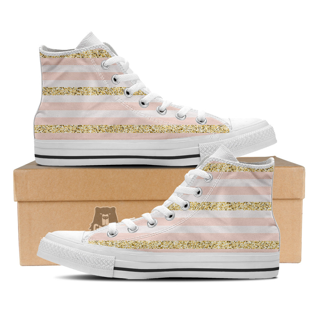 Stripe Glitter Gold Print Pattern White High Top Shoes-grizzshop