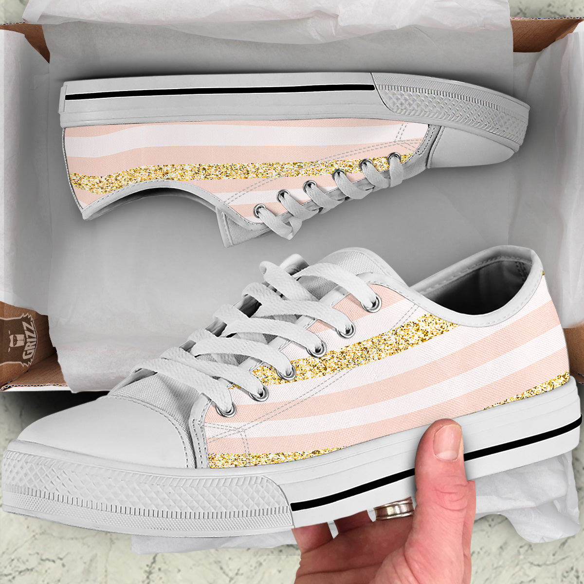 Stripe Glitter Gold Print Pattern White Low Top Shoes-grizzshop
