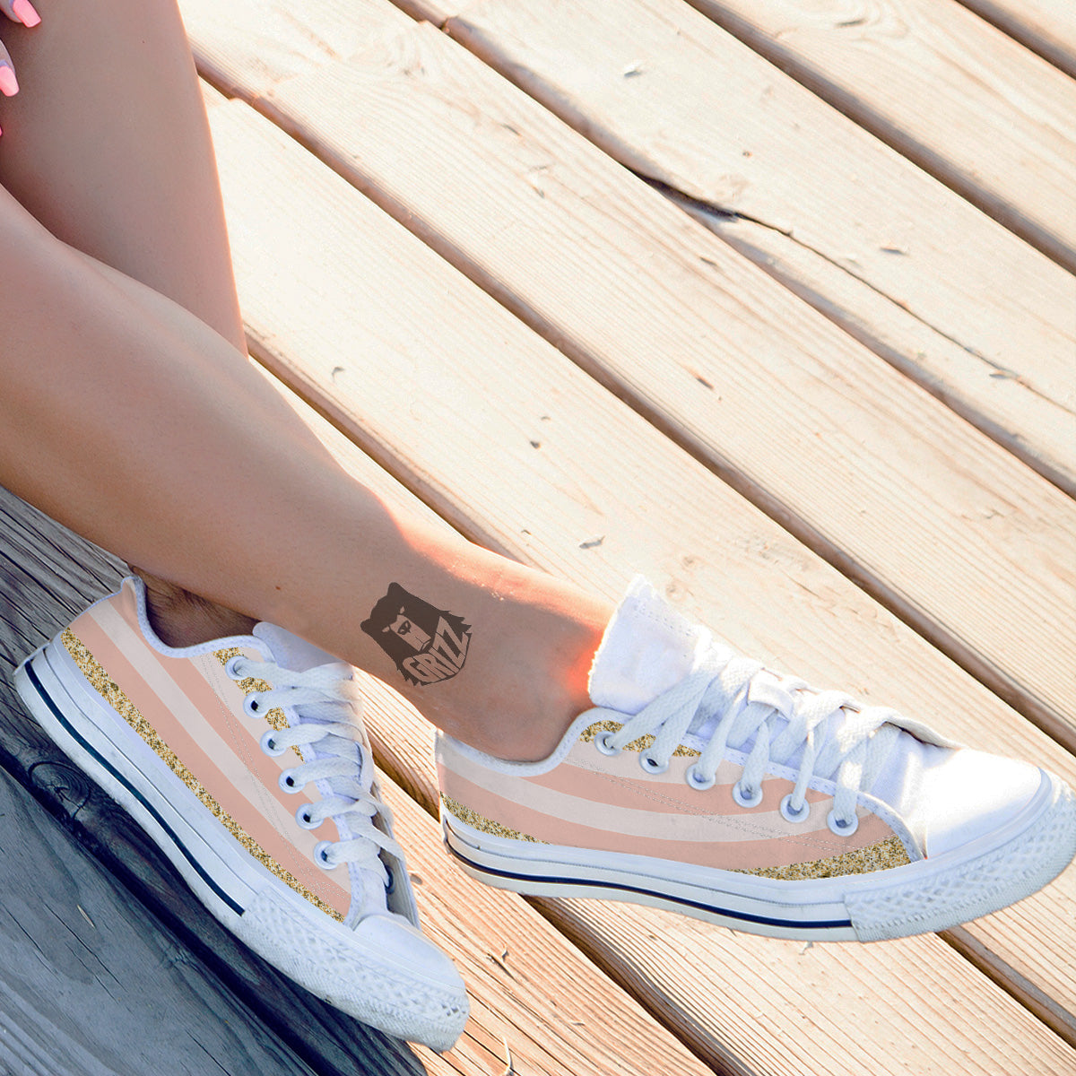 Stripe Glitter Gold Print Pattern White Low Top Shoes-grizzshop
