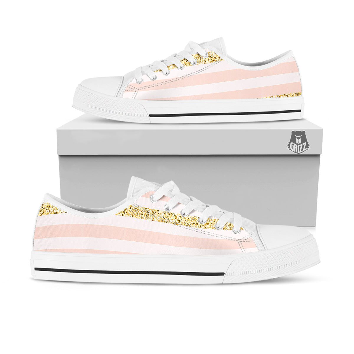 Stripe Glitter Gold Print Pattern White Low Top Shoes-grizzshop