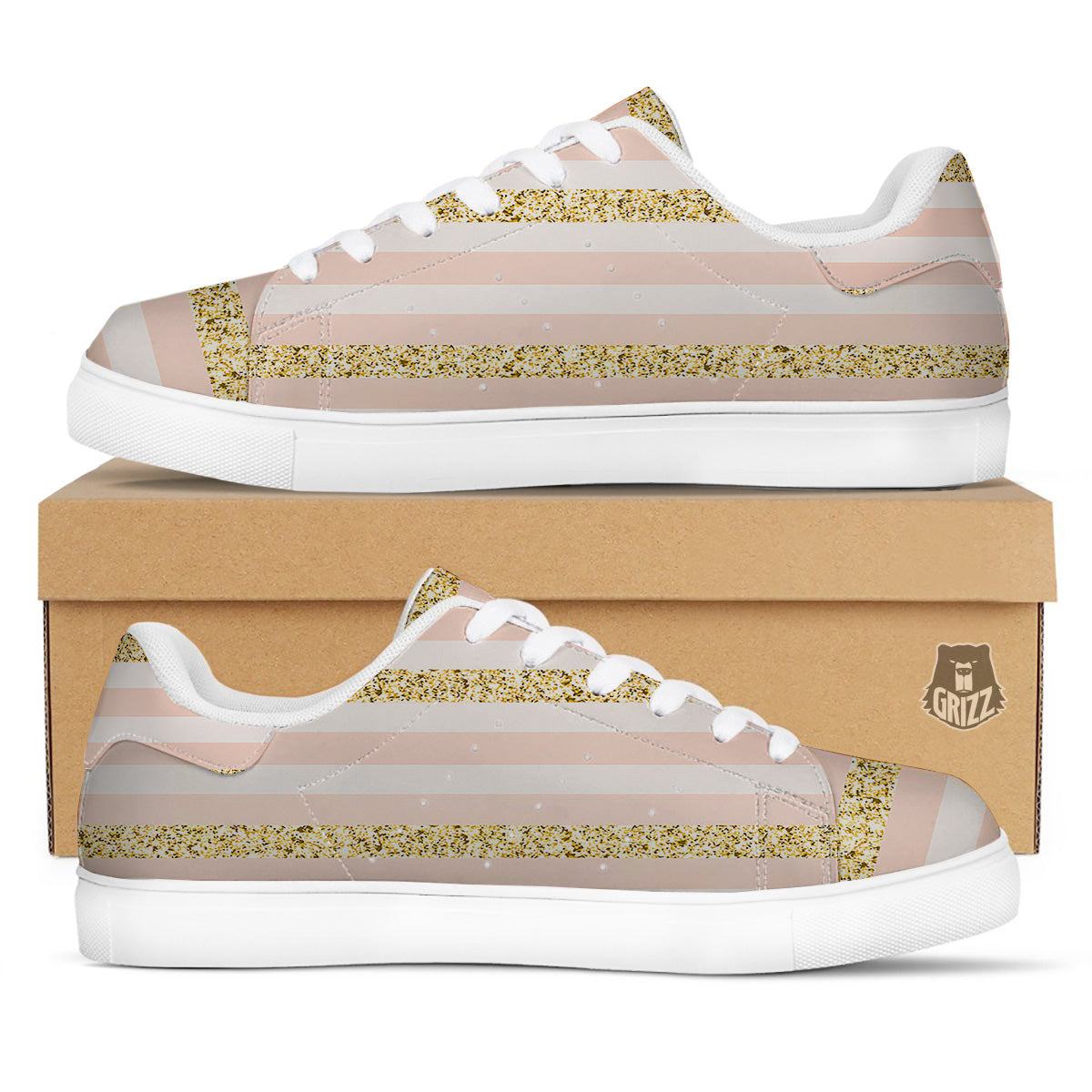 Stripe Glitter Gold Print Pattern White Low Top Sneakers-grizzshop