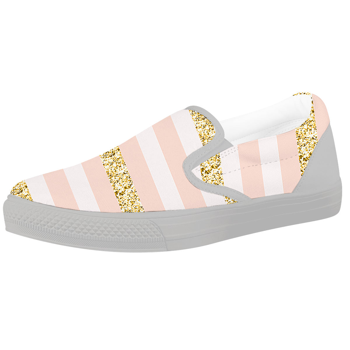 Stripe Glitter Gold Print Pattern White Slip On Shoes-grizzshop