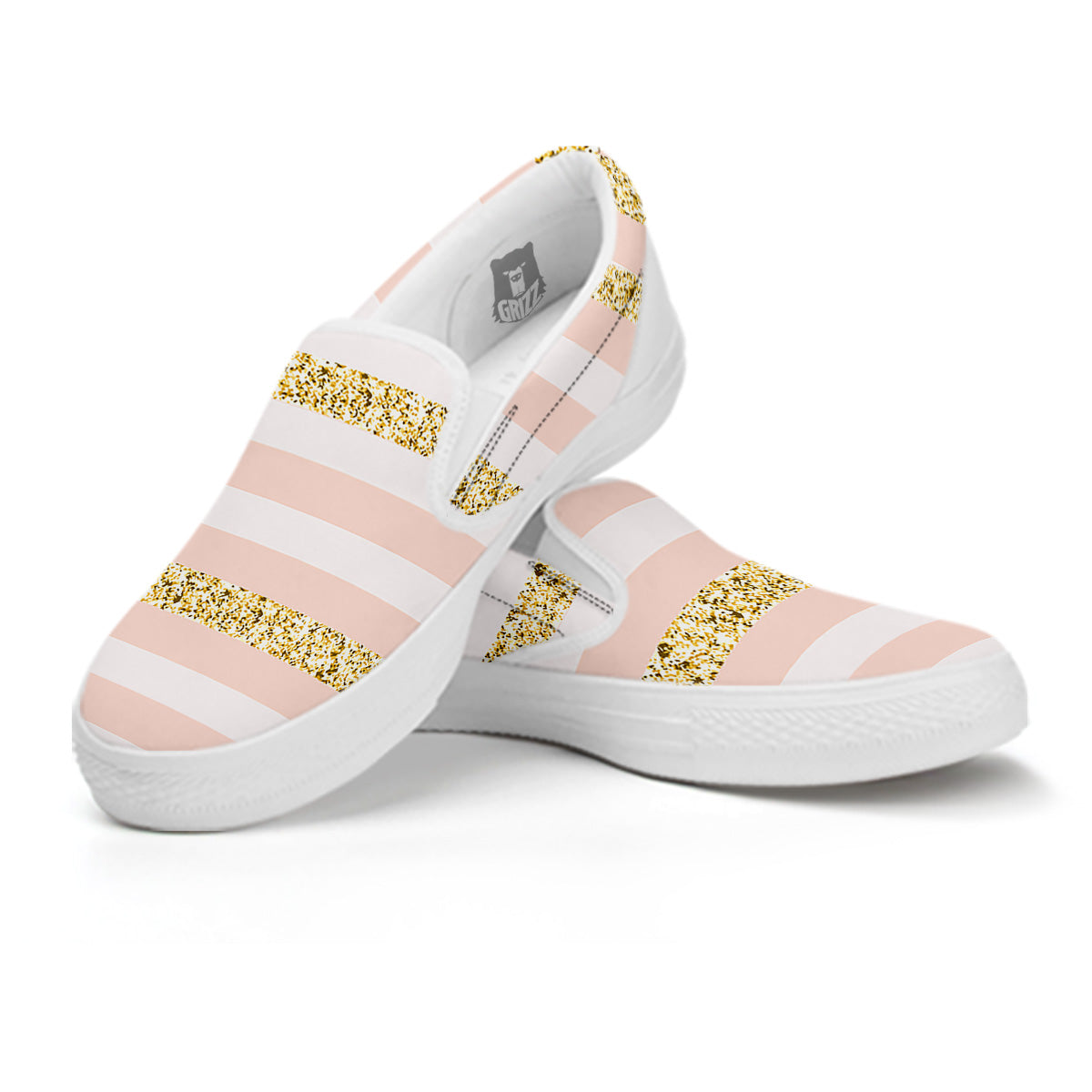 Stripe Glitter Gold Print Pattern White Slip On Shoes-grizzshop