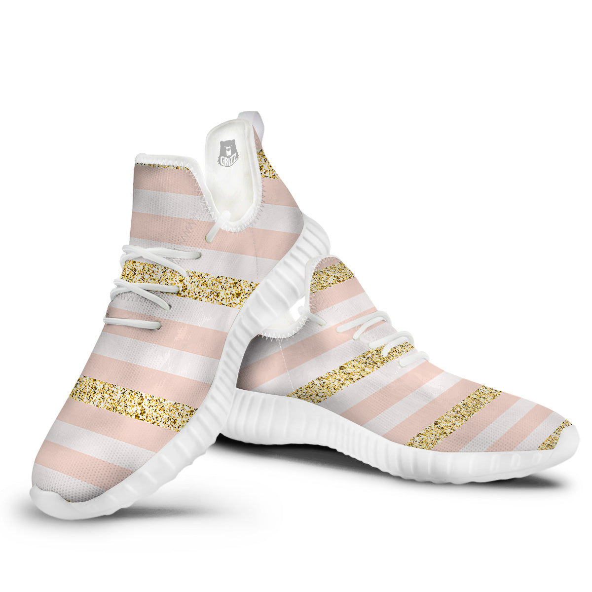 Stripe Glitter Gold Print Pattern White Walking Shoes-grizzshop