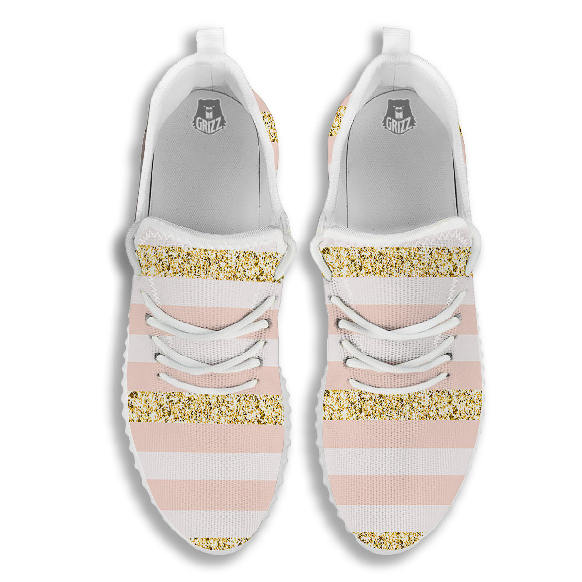 Stripe Glitter Gold Print Pattern White Walking Shoes-grizzshop