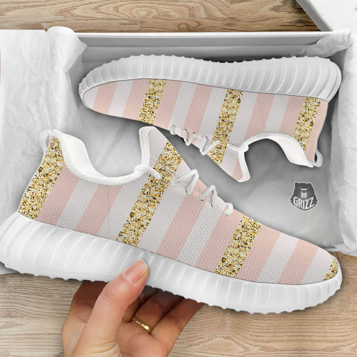 Stripe Glitter Gold Print Pattern White Walking Shoes-grizzshop