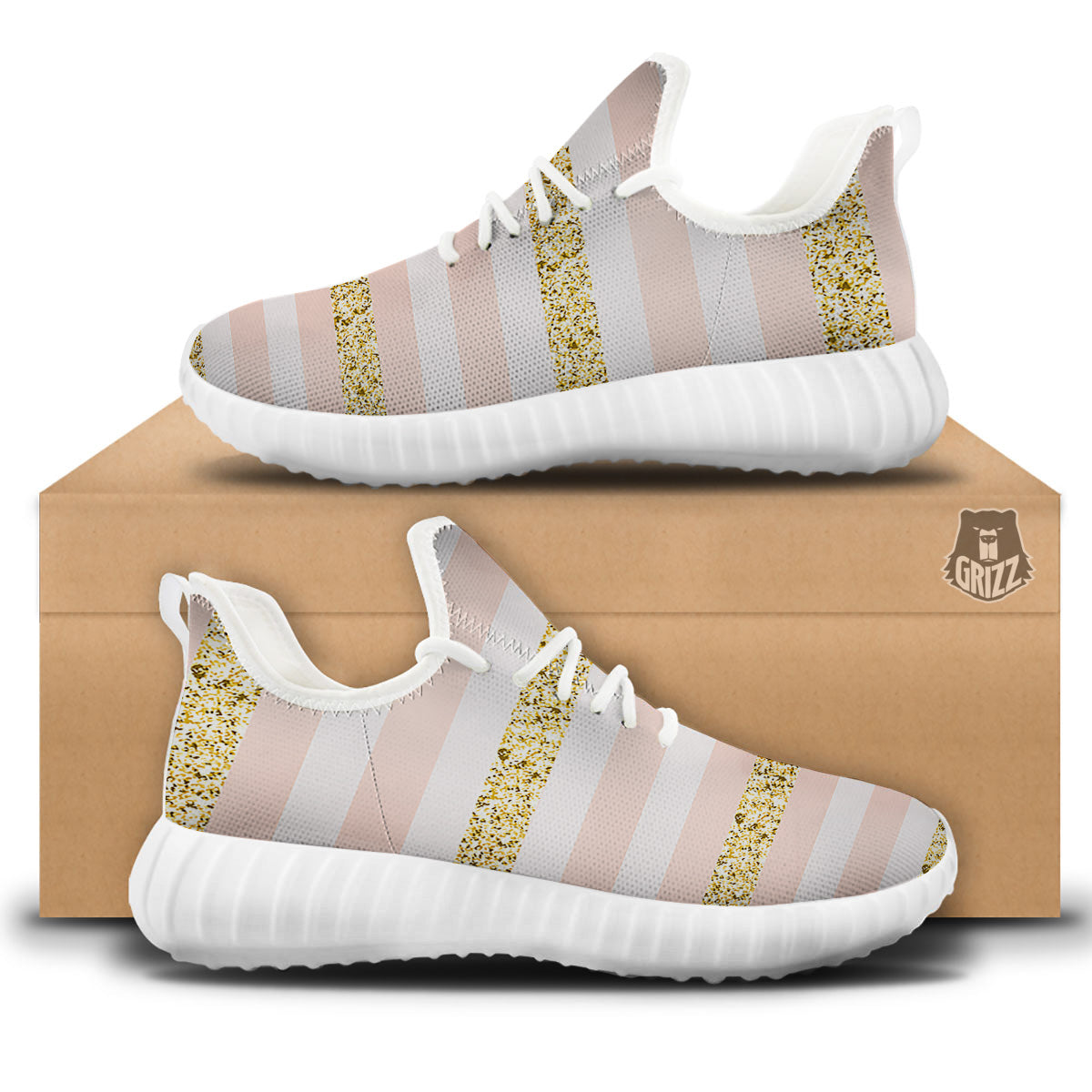 Stripe Glitter Gold Print Pattern White Walking Shoes-grizzshop