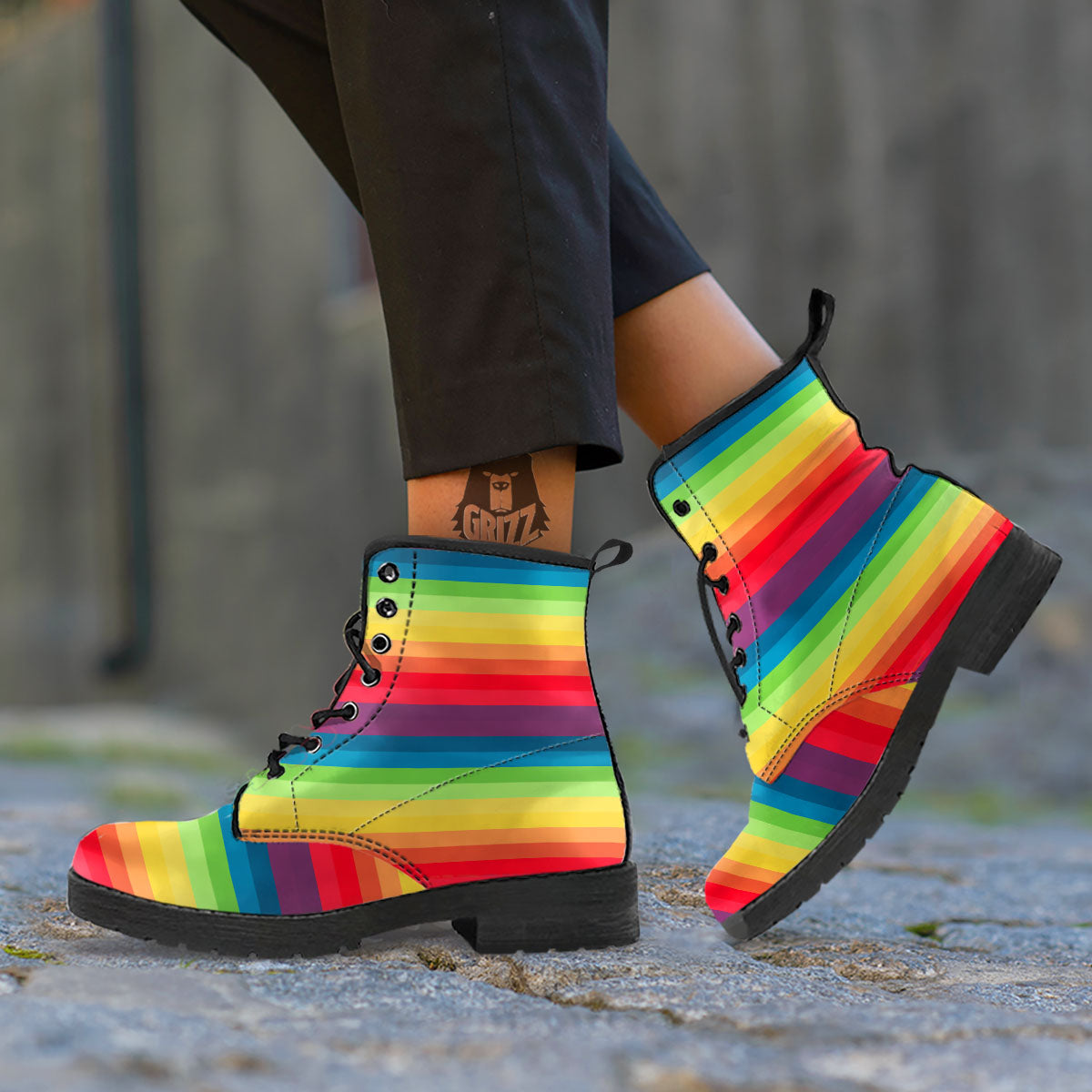 Stripe Rainbow Print Pattern Leather Boots-grizzshop