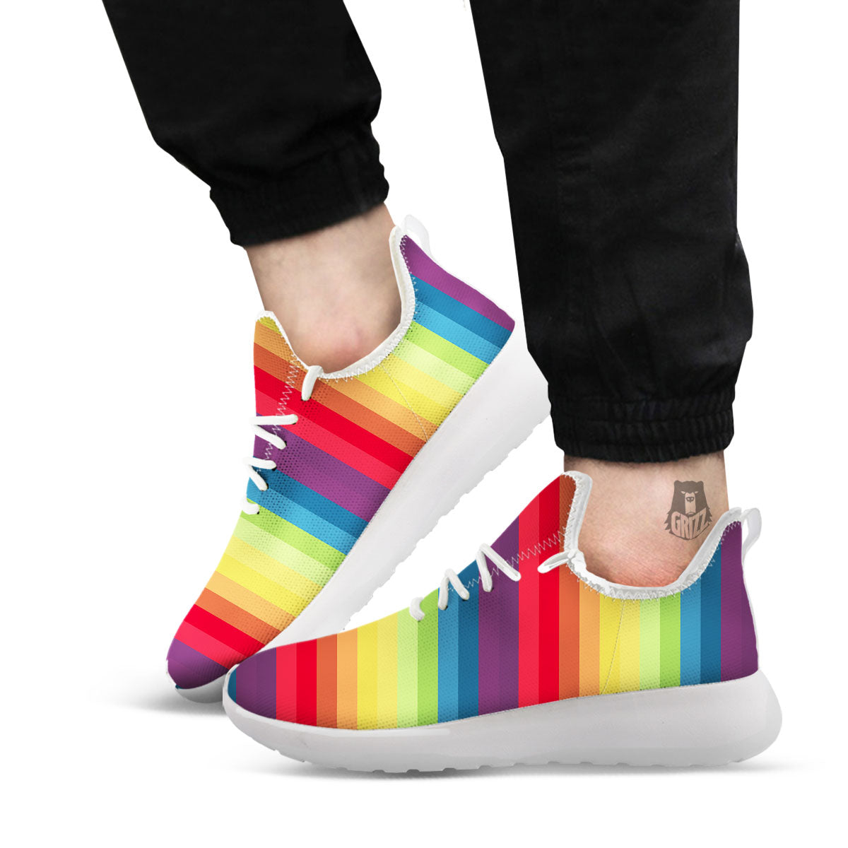 Stripe Rainbow Print Pattern White Athletic Shoes-grizzshop