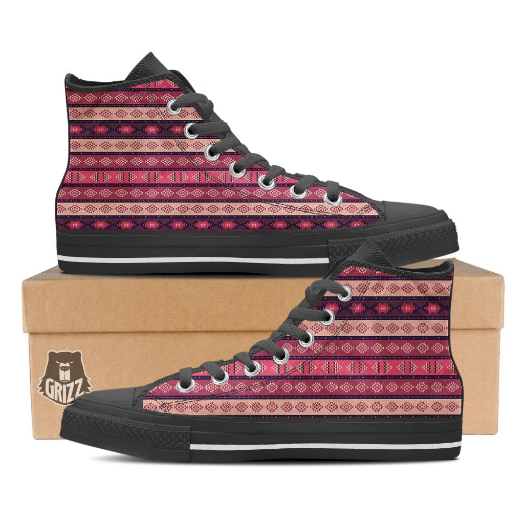 Stripe Southwestern Print Pattern Black High Top Shoes-grizzshop