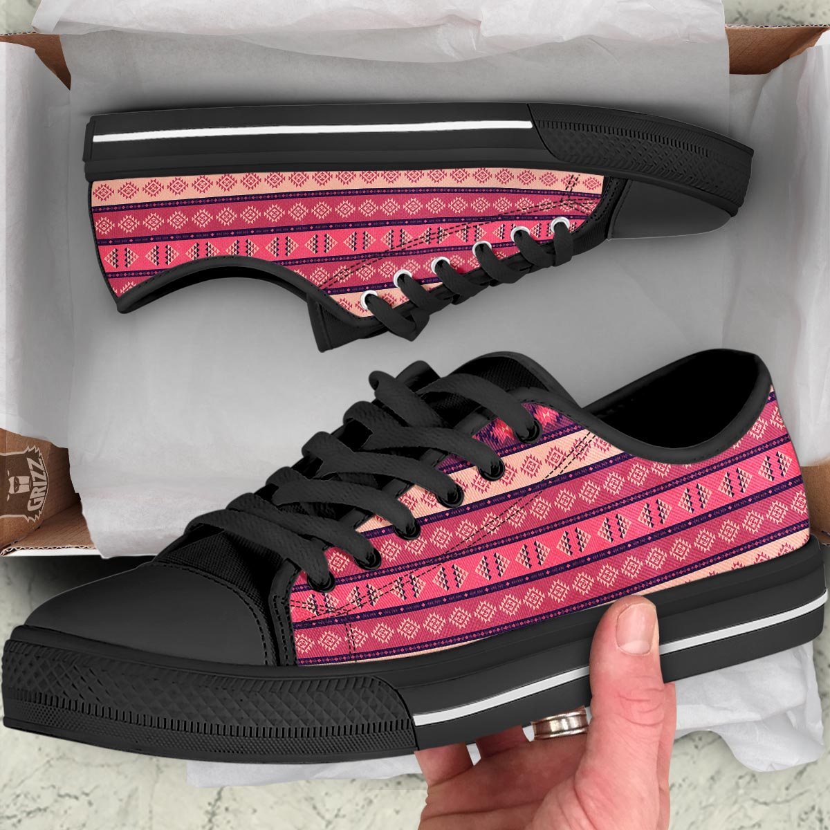 Stripe Southwestern Print Pattern Black Low Top Shoes-grizzshop