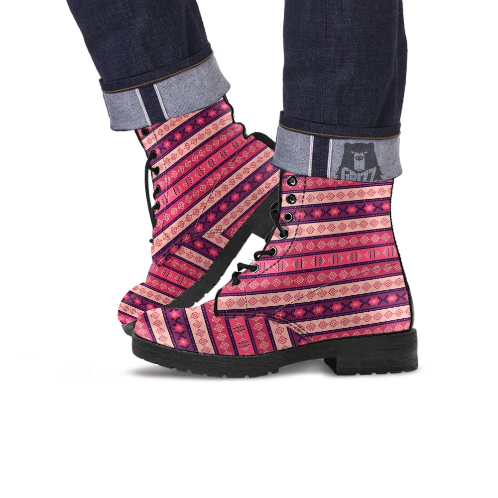 Stripe Southwestern Print Pattern Leather Boots-grizzshop