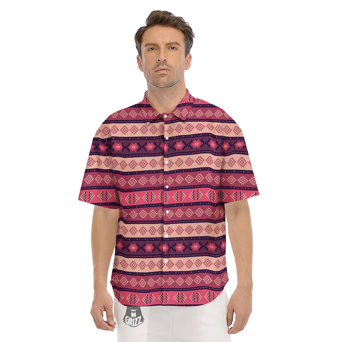 Stripe Southwestern Print Pattern Men's Short Sleeve Shirts-grizzshop