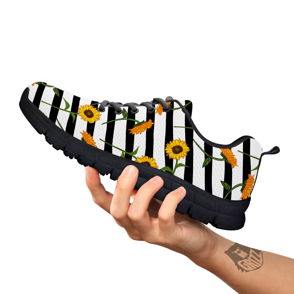 Stripe Sunflower White And Black Print Pattern Black Sneaker-grizzshop