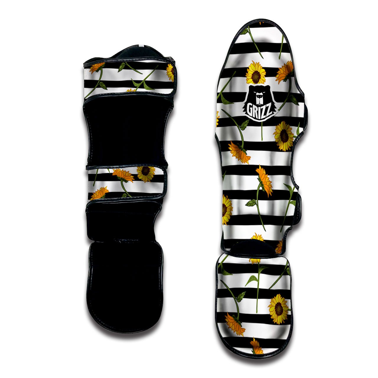 Stripe Sunflower White And Black Print Pattern Muay Thai Shin Guards-grizzshop