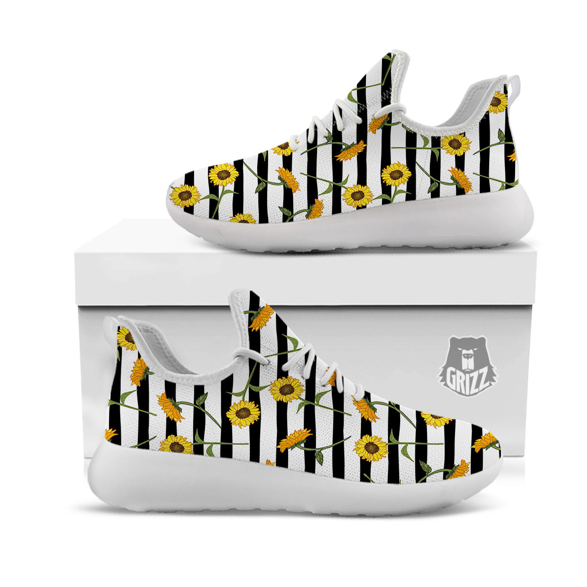 Stripe Sunflower White And Black Print Pattern White Athletic Shoes-grizzshop