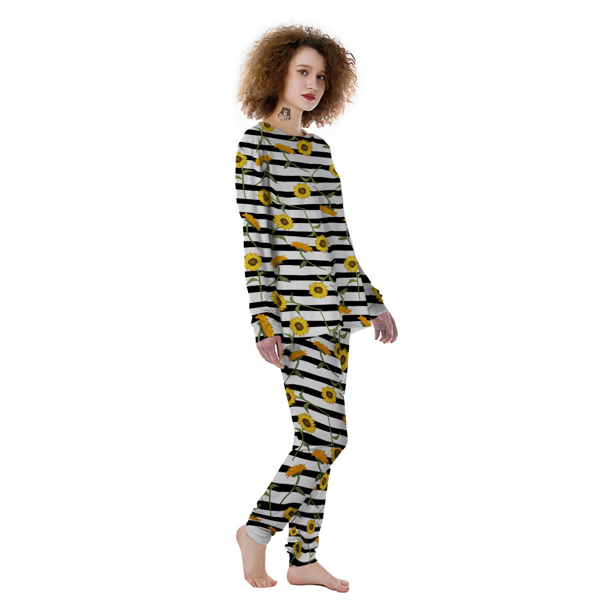 Stripe Sunflower White And Black Print Pattern Women's Pajamas-grizzshop