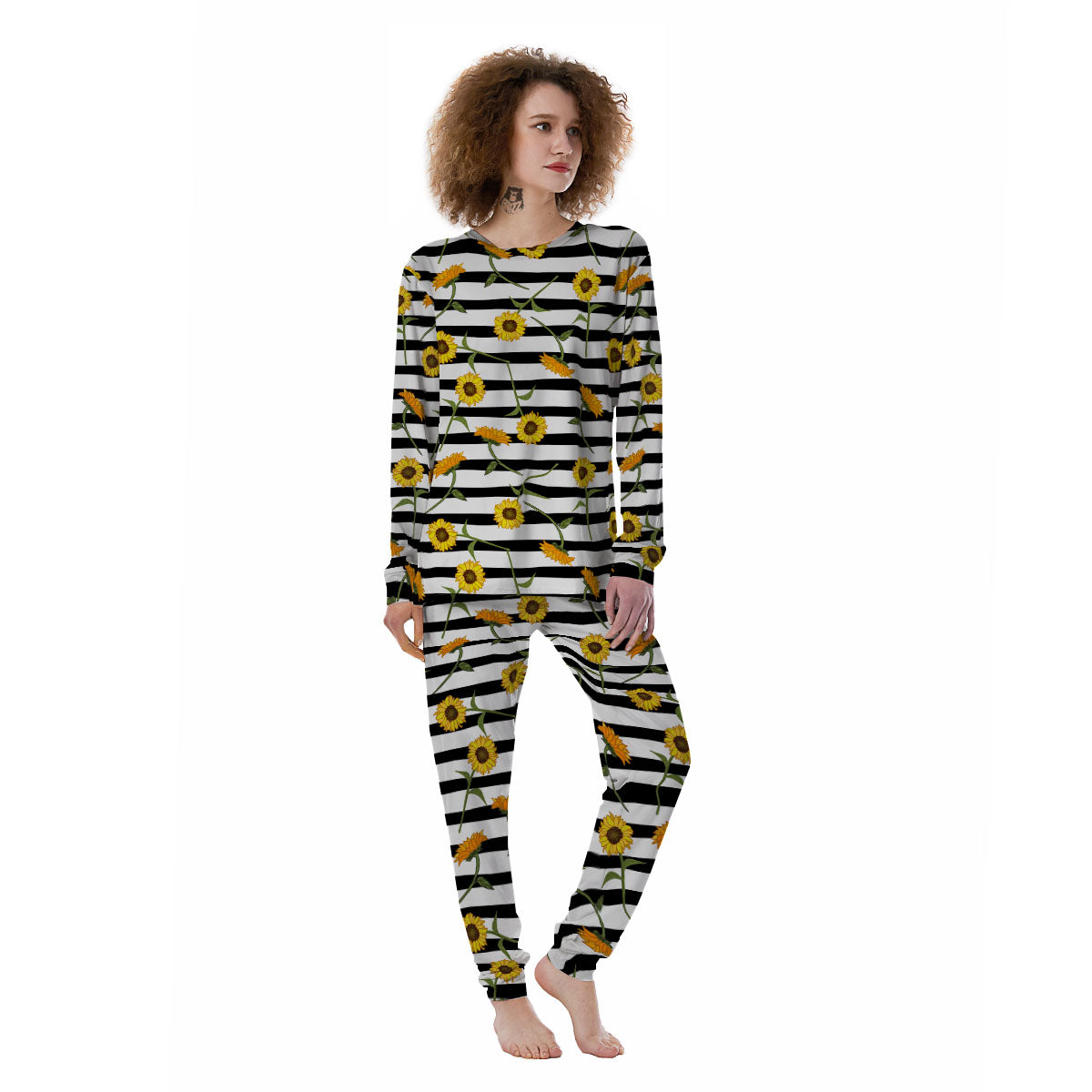 Stripe Sunflower White And Black Print Pattern Women's Pajamas-grizzshop