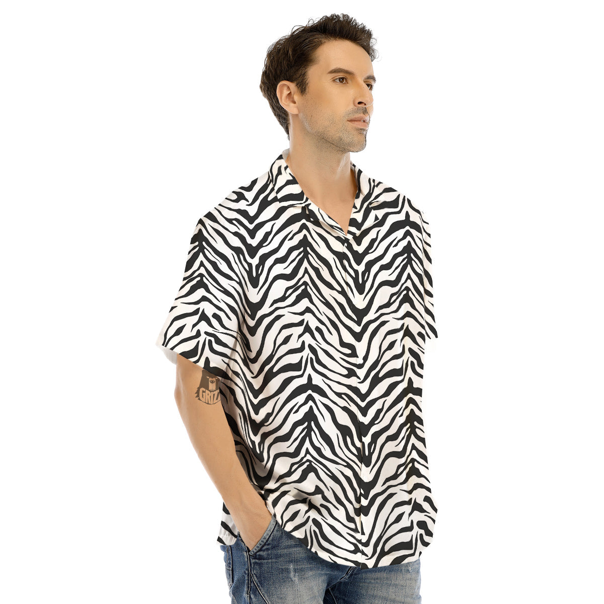 Stripe White Tiger Print Pattern Men's Hawaiian Shirt-grizzshop