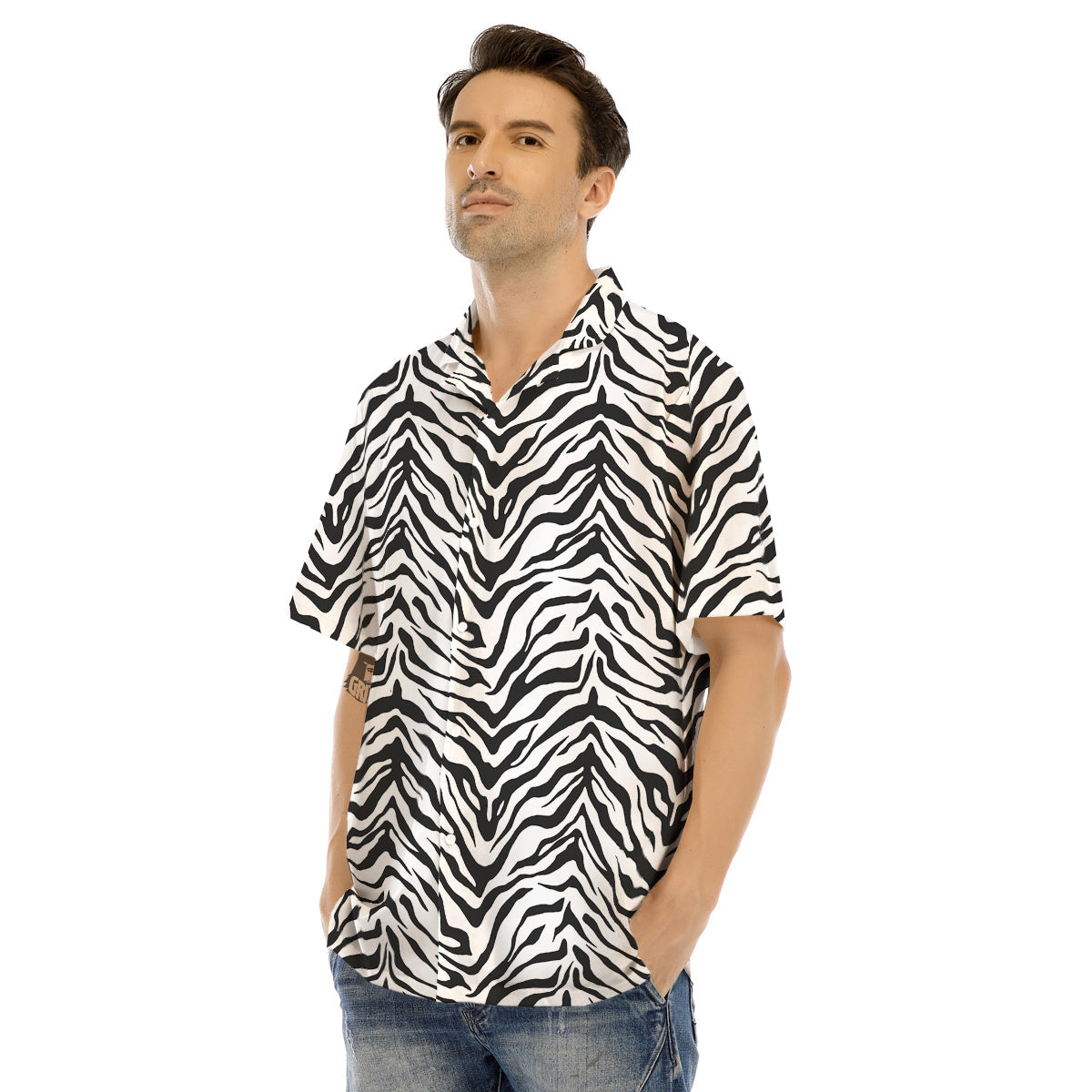 Stripe White Tiger Print Pattern Men's Hawaiian Shirt-grizzshop