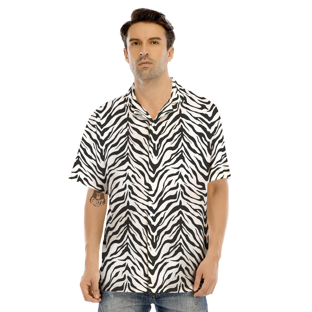 Stripe White Tiger Print Pattern Men's Hawaiian Shirt-grizzshop