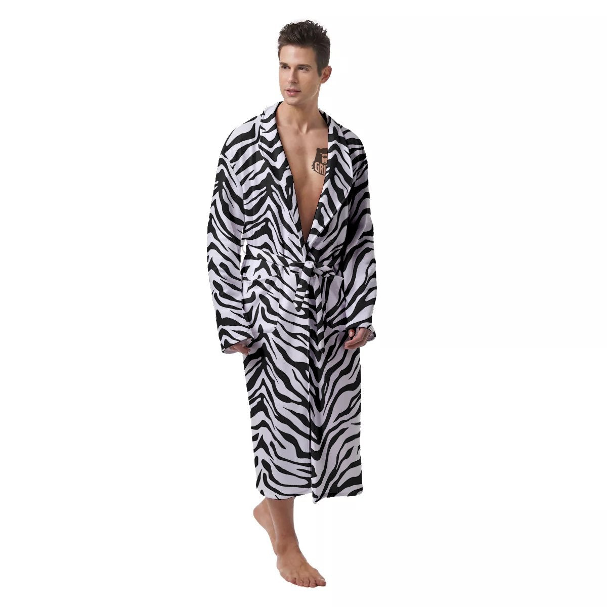 Stripe White Tiger Print Pattern Men's Robe-grizzshop